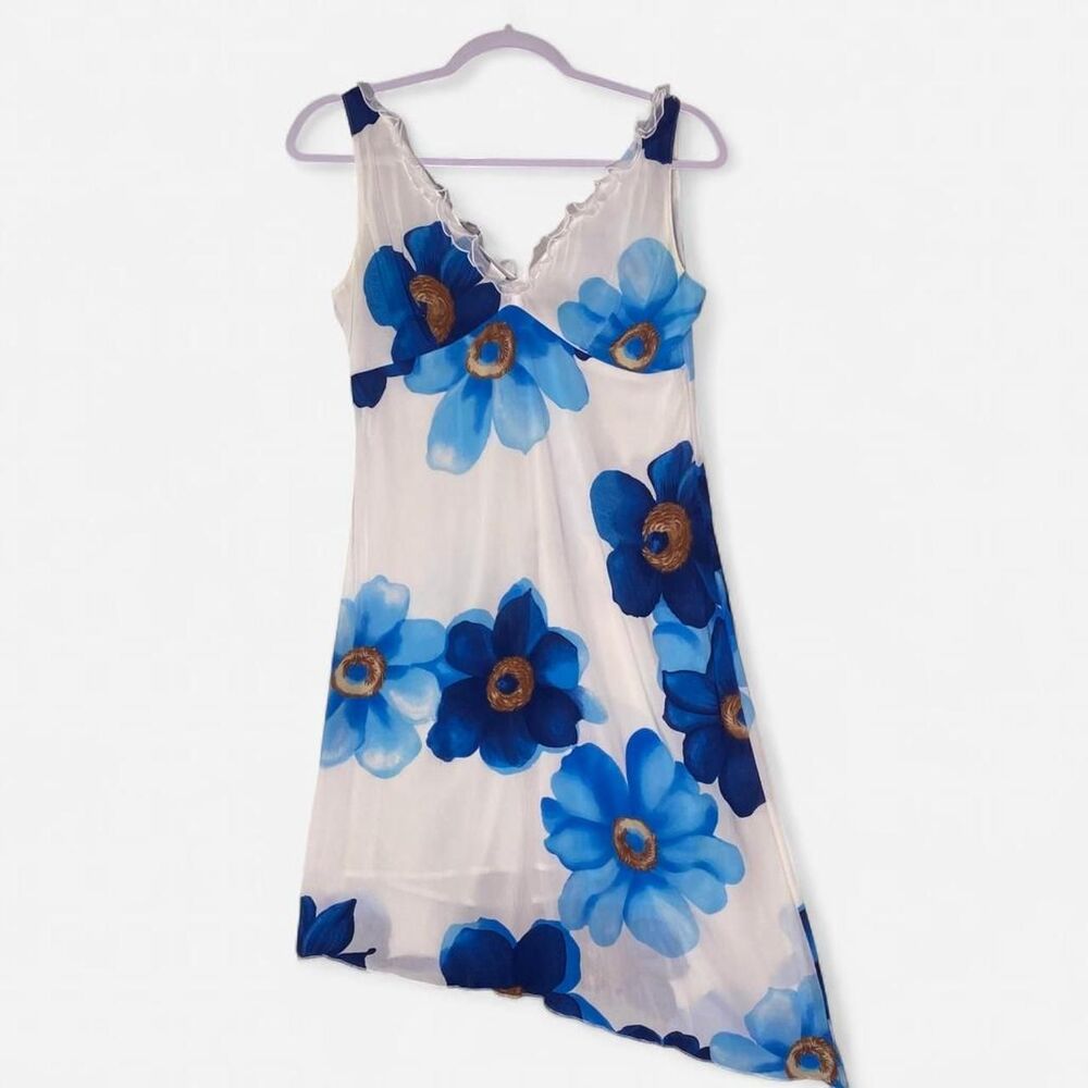 Women's White & Blue Daisy Sweet Summer Asymmetrical Dress S